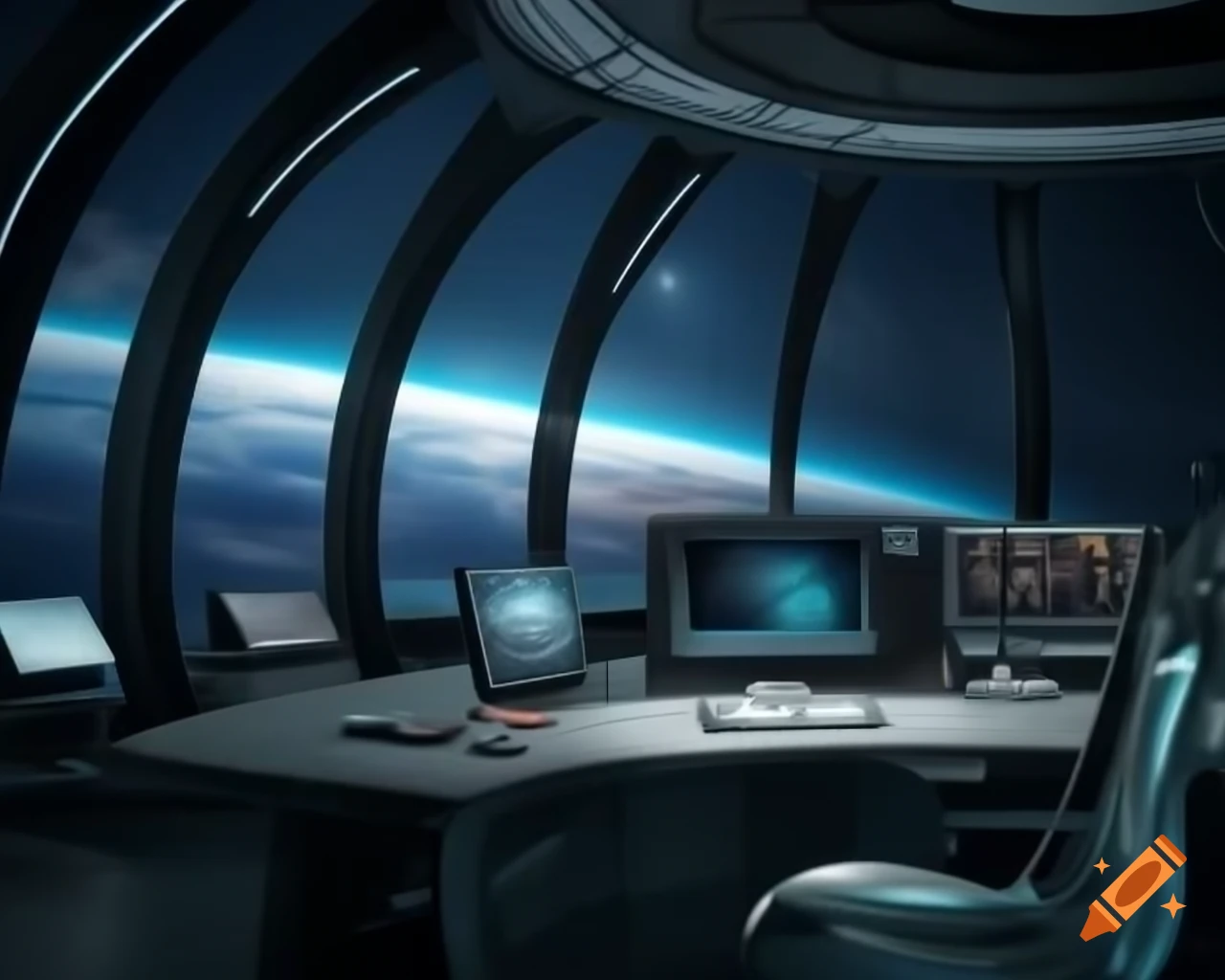 Futuristic spaceship control room with view of stars and galaxies
