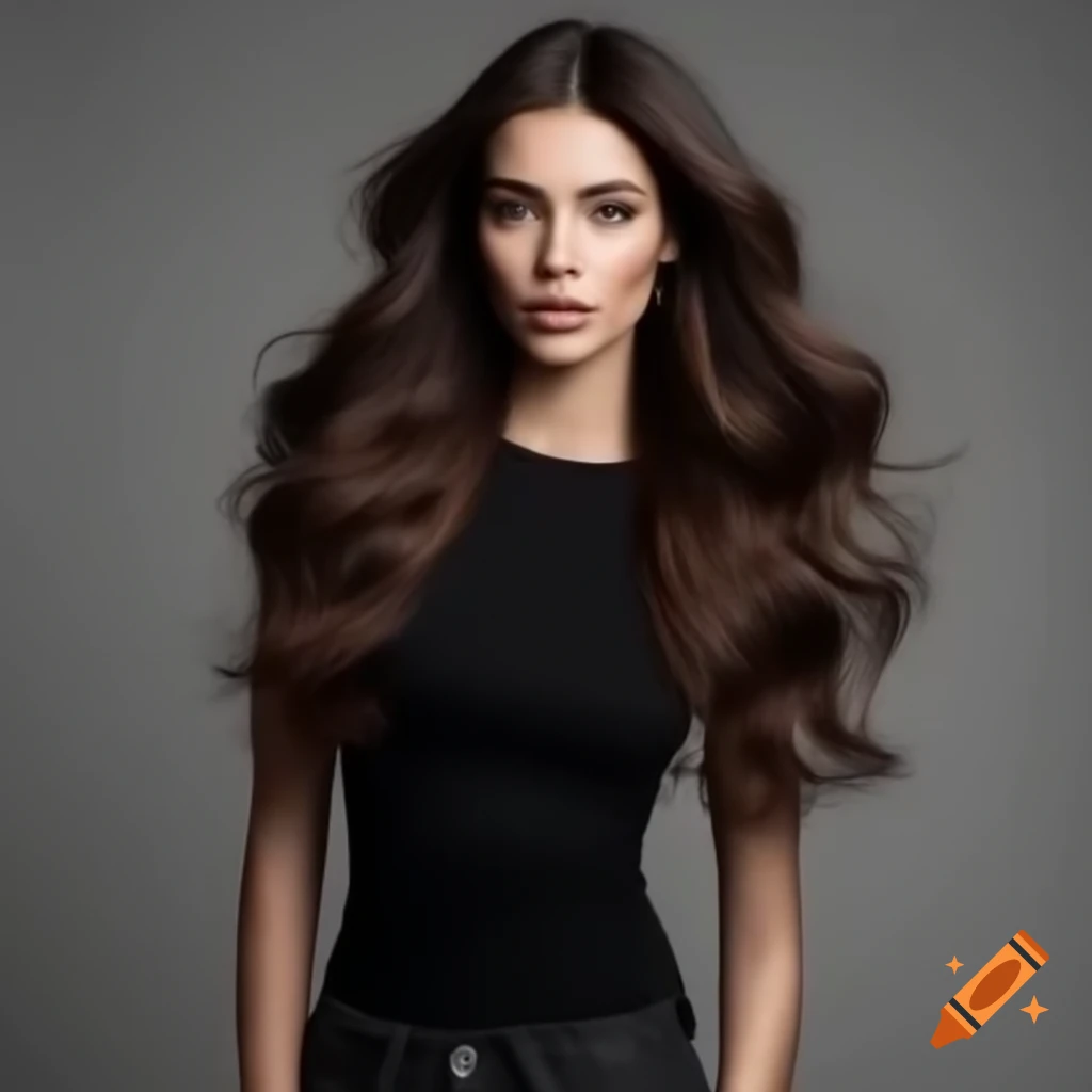 Brunette woman with 70's hairstyle wearing black fitted t-shirt and jeans