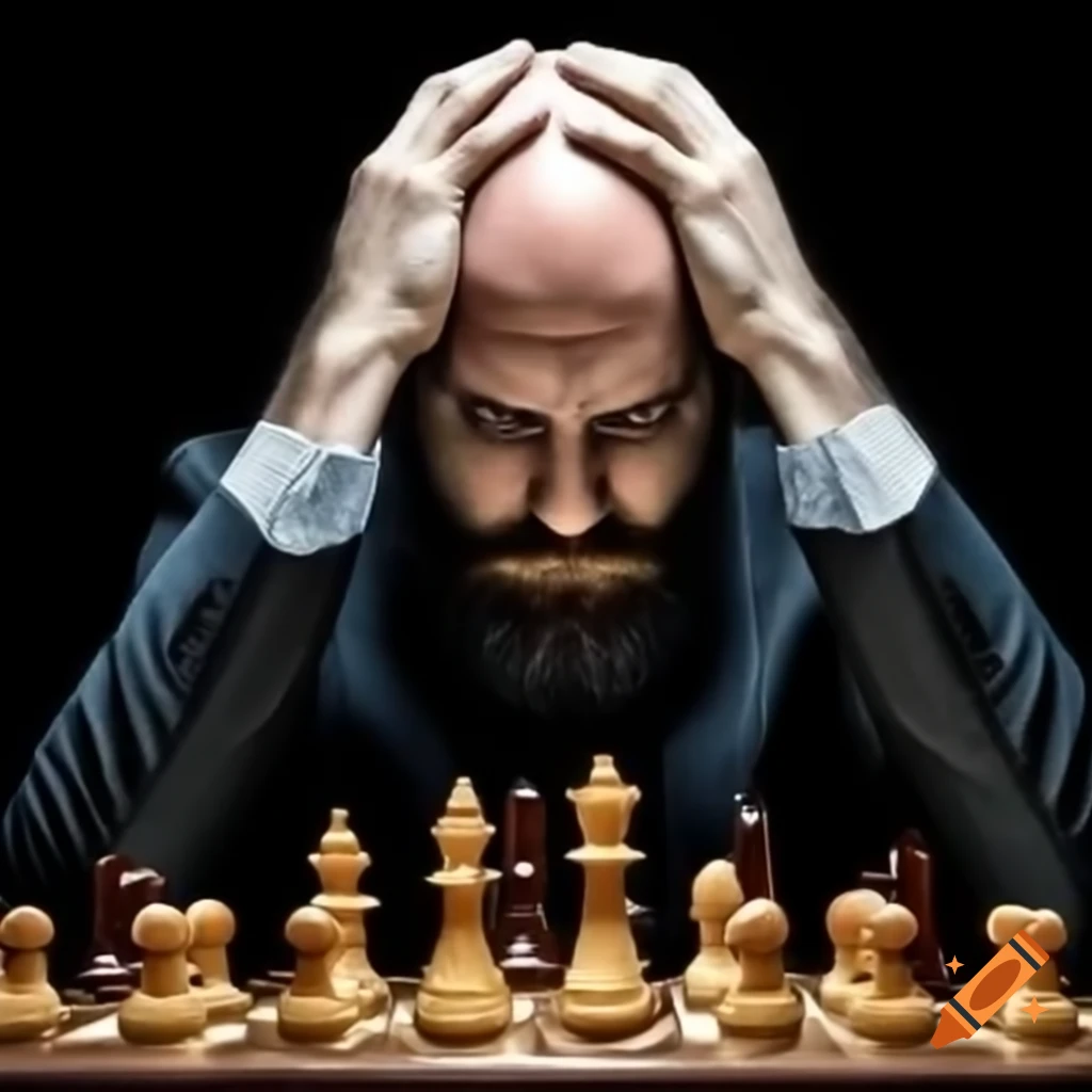 Tired bald chess player with beard
