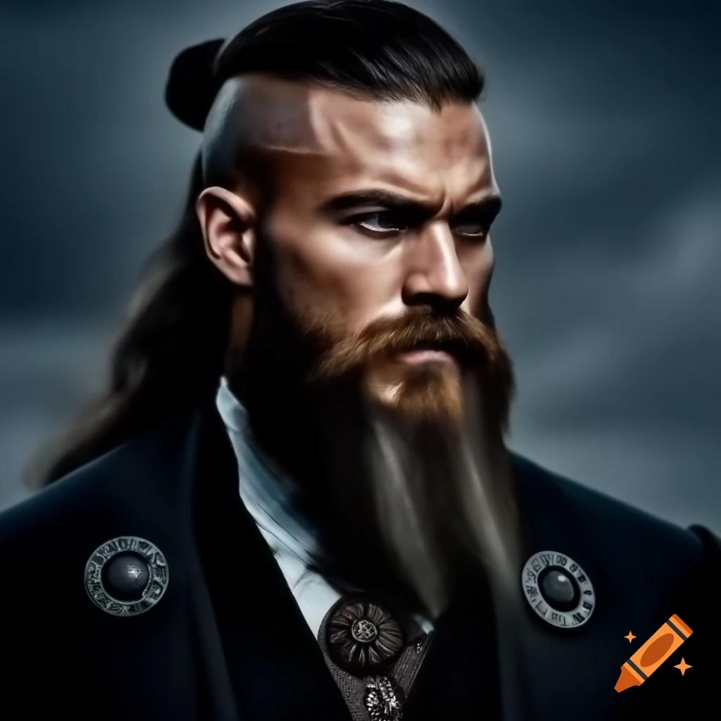Investment banker in expensive suit with viking hairstyle and stern look