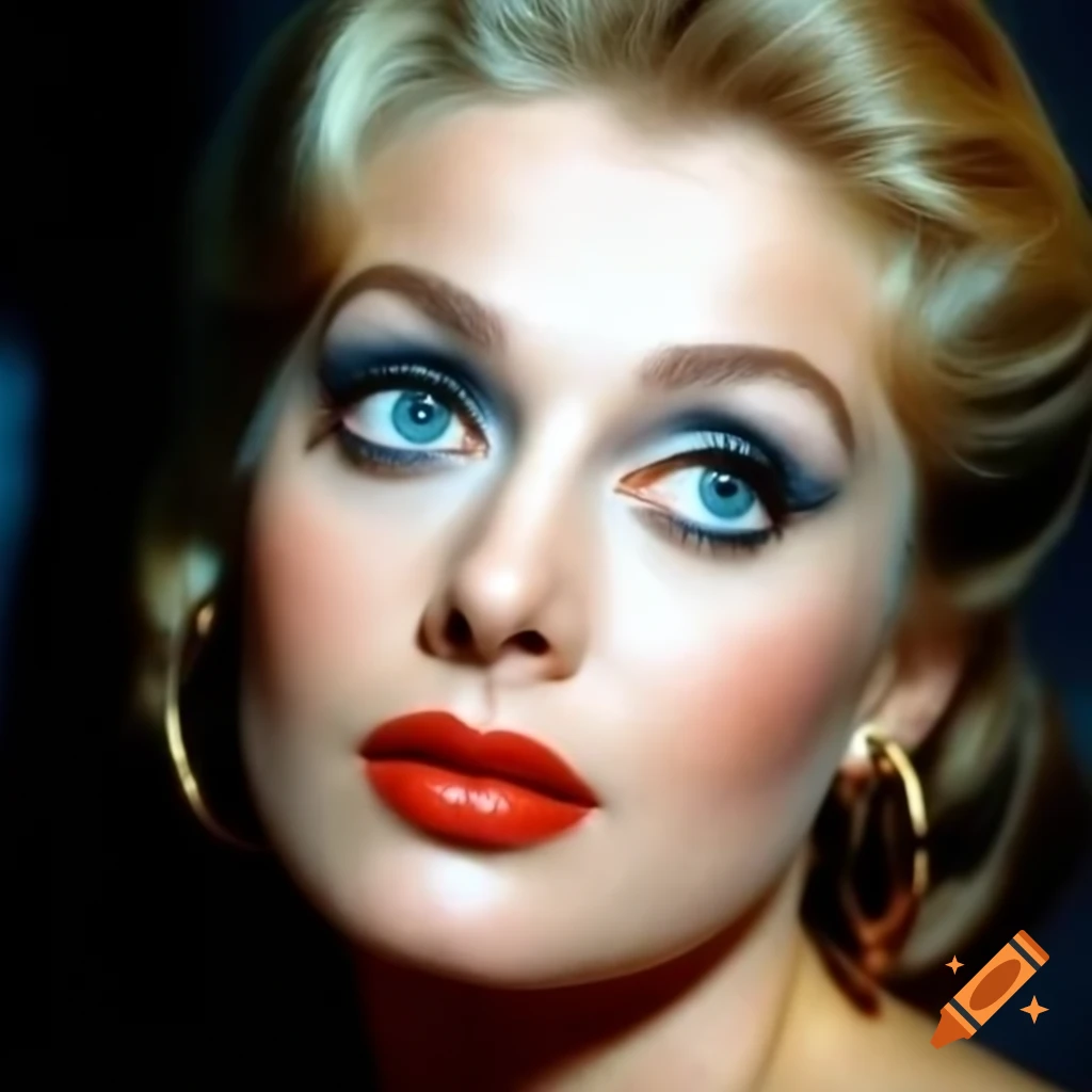 Hyper-realistic photograph of a charming European actress from 1963 with porcelain skin and blue eyes