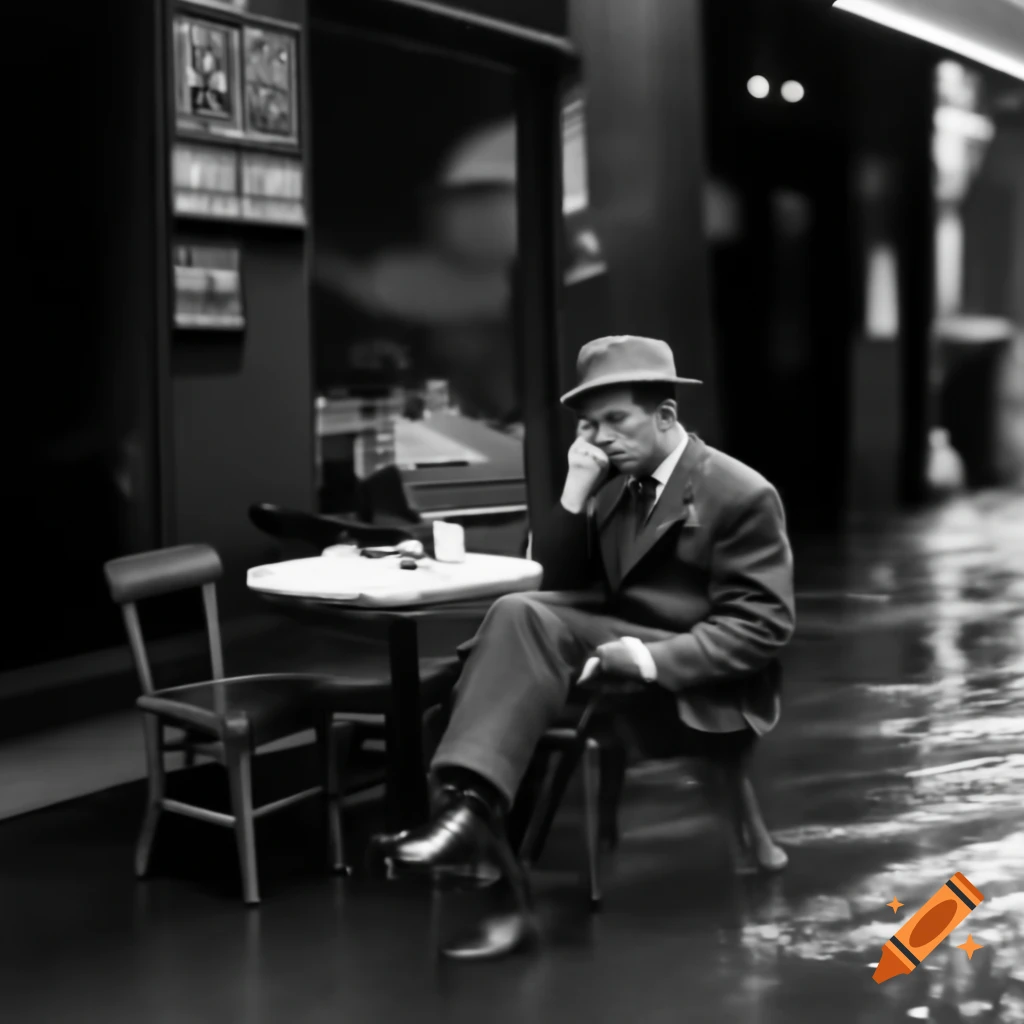 Somber man sitting in the rain outside a restaurant in 1930s New York