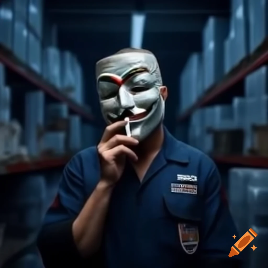 Anonymous mask in a USPS warehouse while smoking