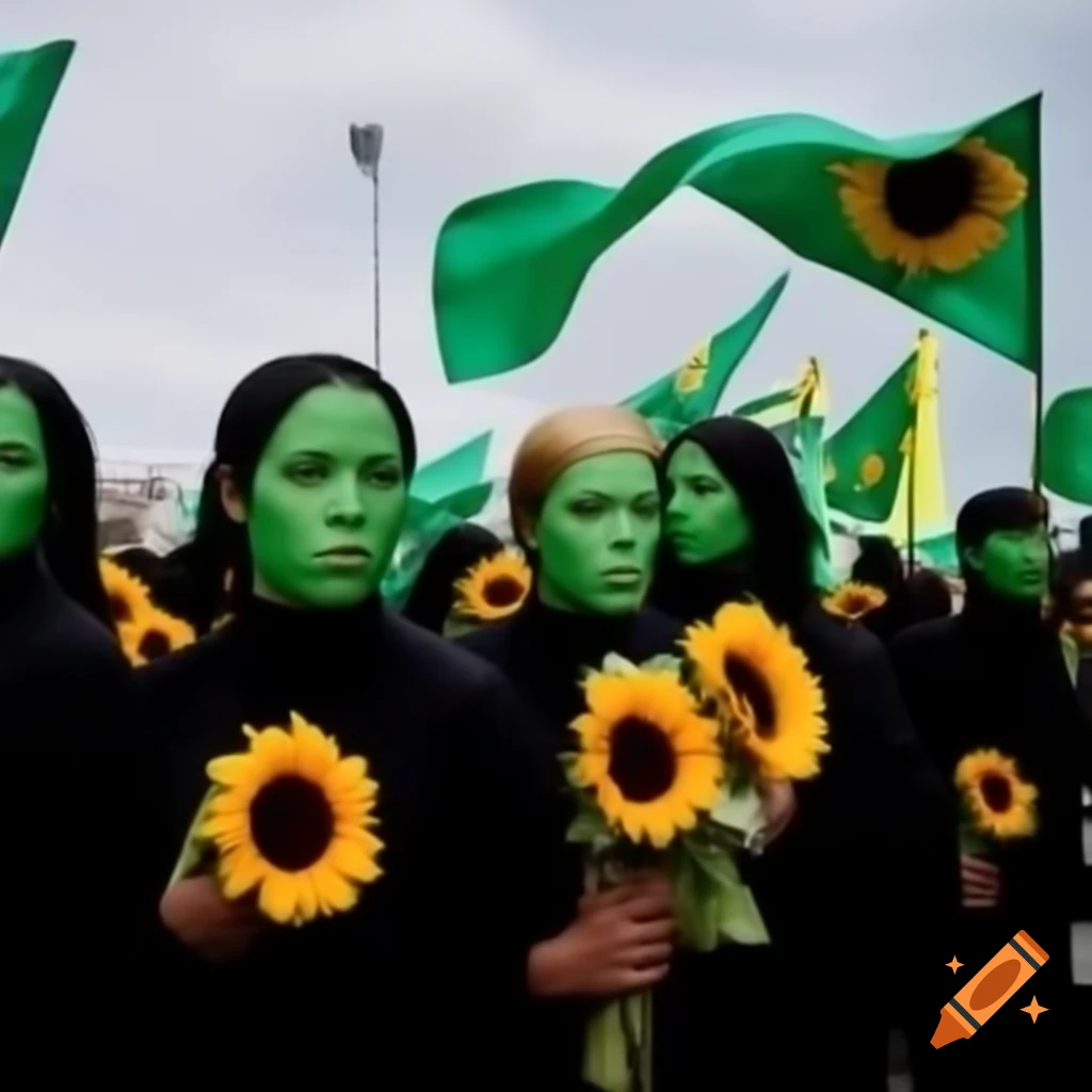 Group marching with green flags and sunflowers
