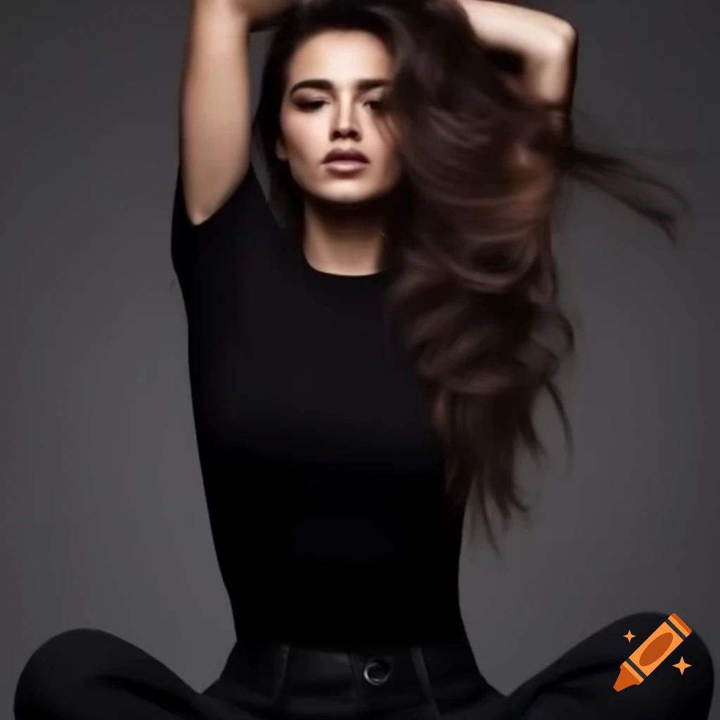 Brunette woman in black fitted t-shirt and jeans with winged hair