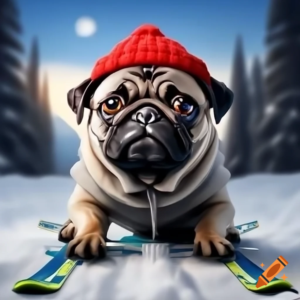 Pug on skis wearing a beanie, realistic photo painting