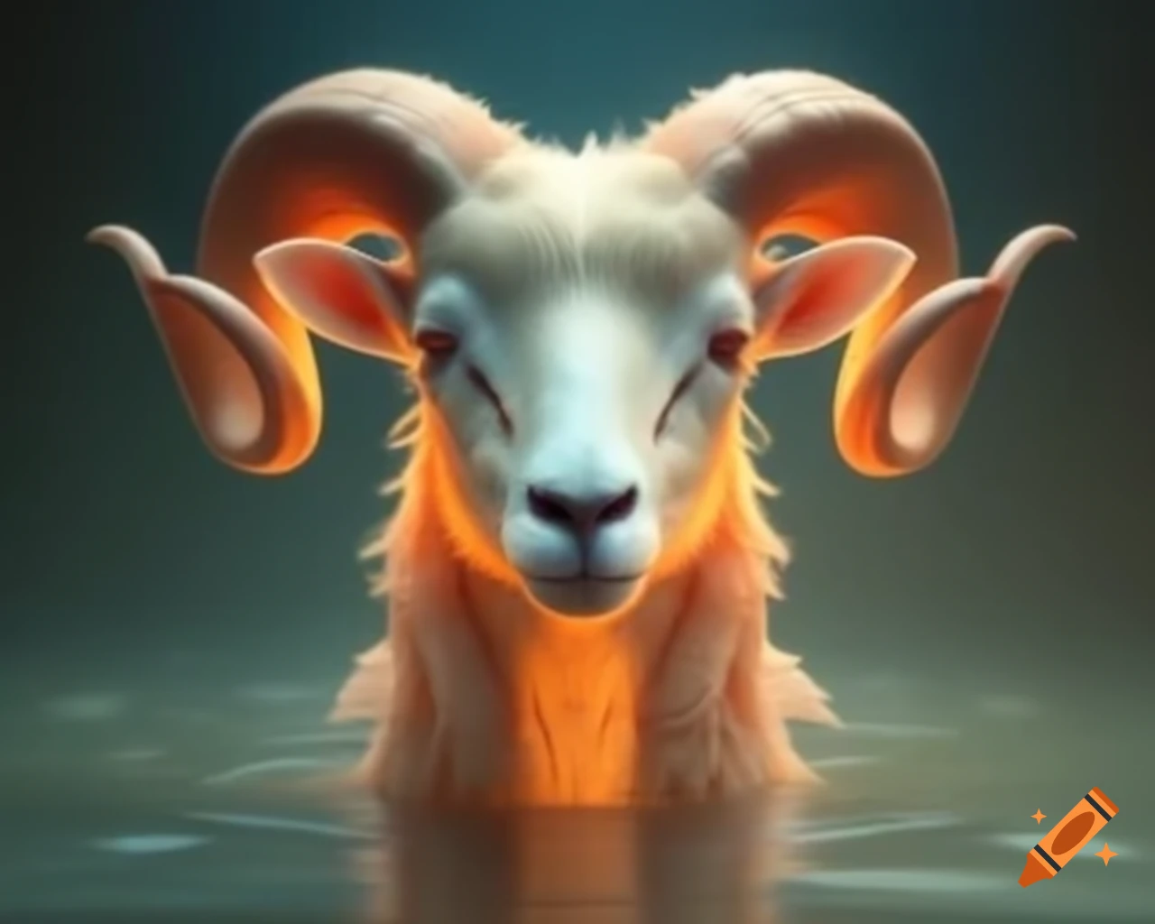 Glowing ram head with curved horns against warm gradient and cosmic stars