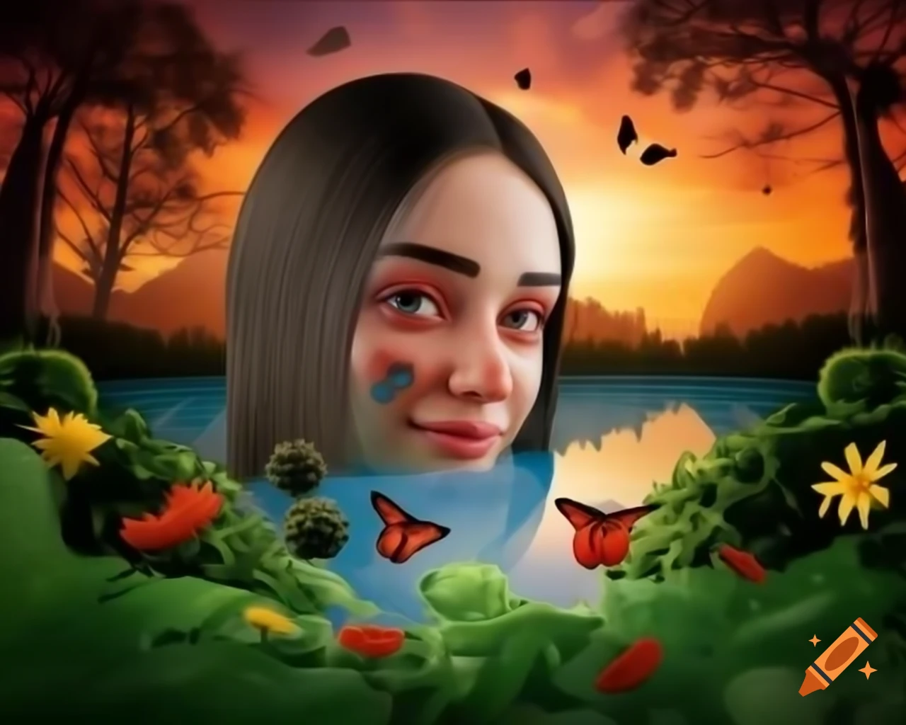 Surreal 3D render of woman's face in forest with wildflowers and butterflies