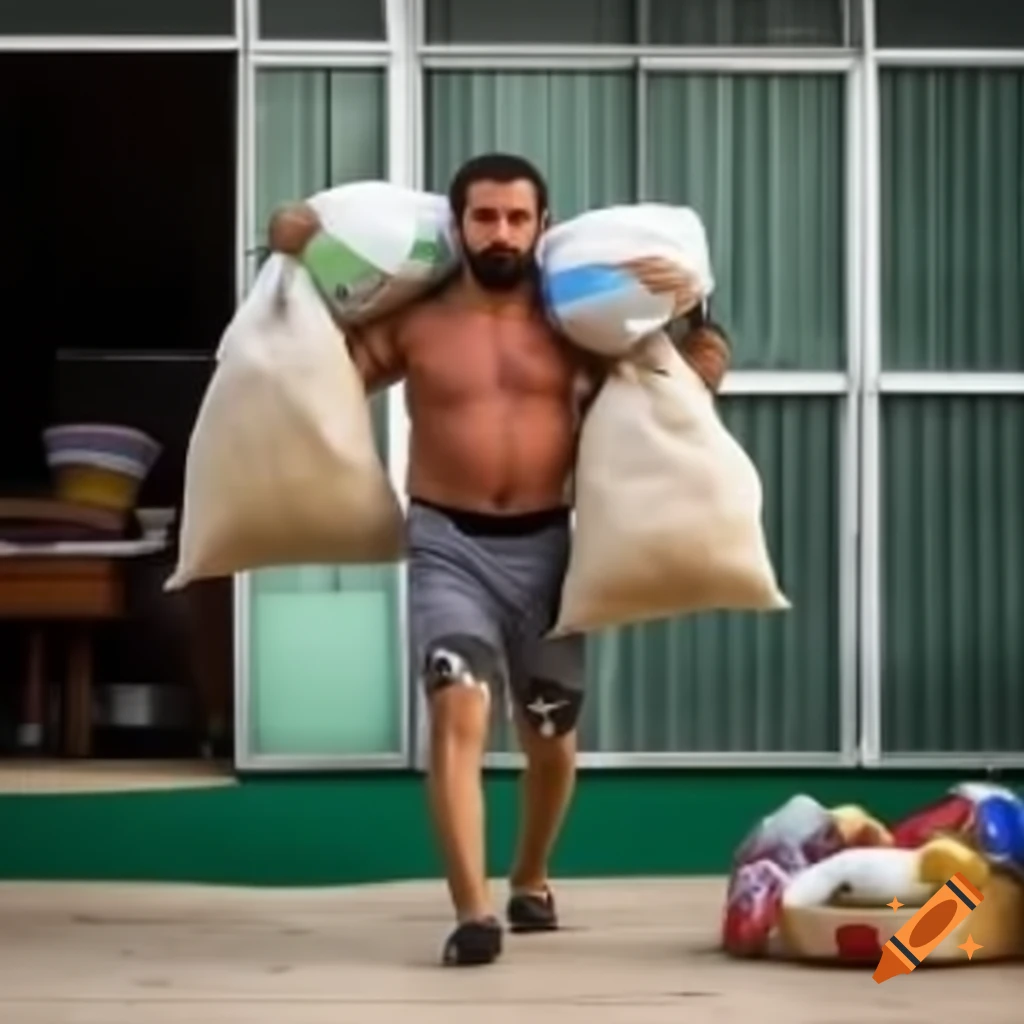 Iraqi wrestler in tank-top and shorts carrying grocery bags to green patio with smile