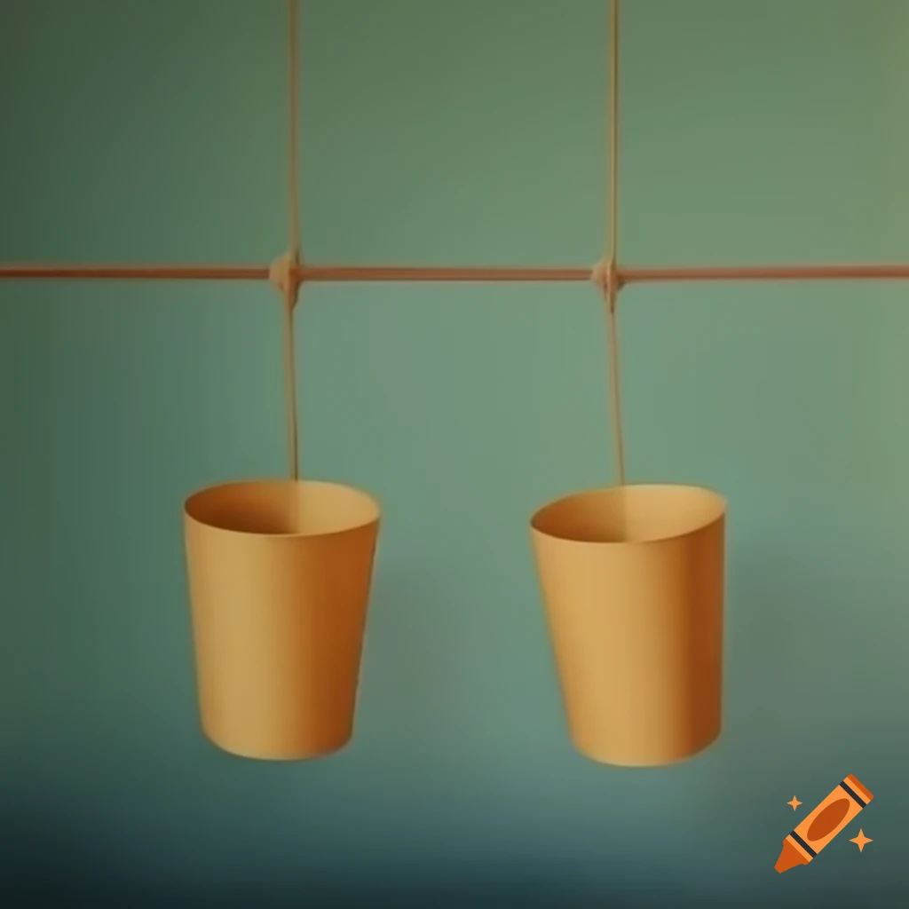 Two kraft cups connected by wire, refined painting style reminiscent of Francisco de Goya