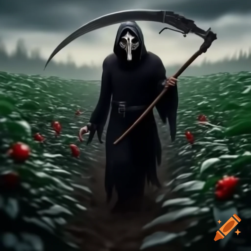 Grim reaper walking through field of Carolina reaper peppers