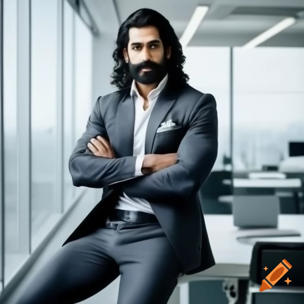 Confident Indian businessman in minimalistic office with crossed arms