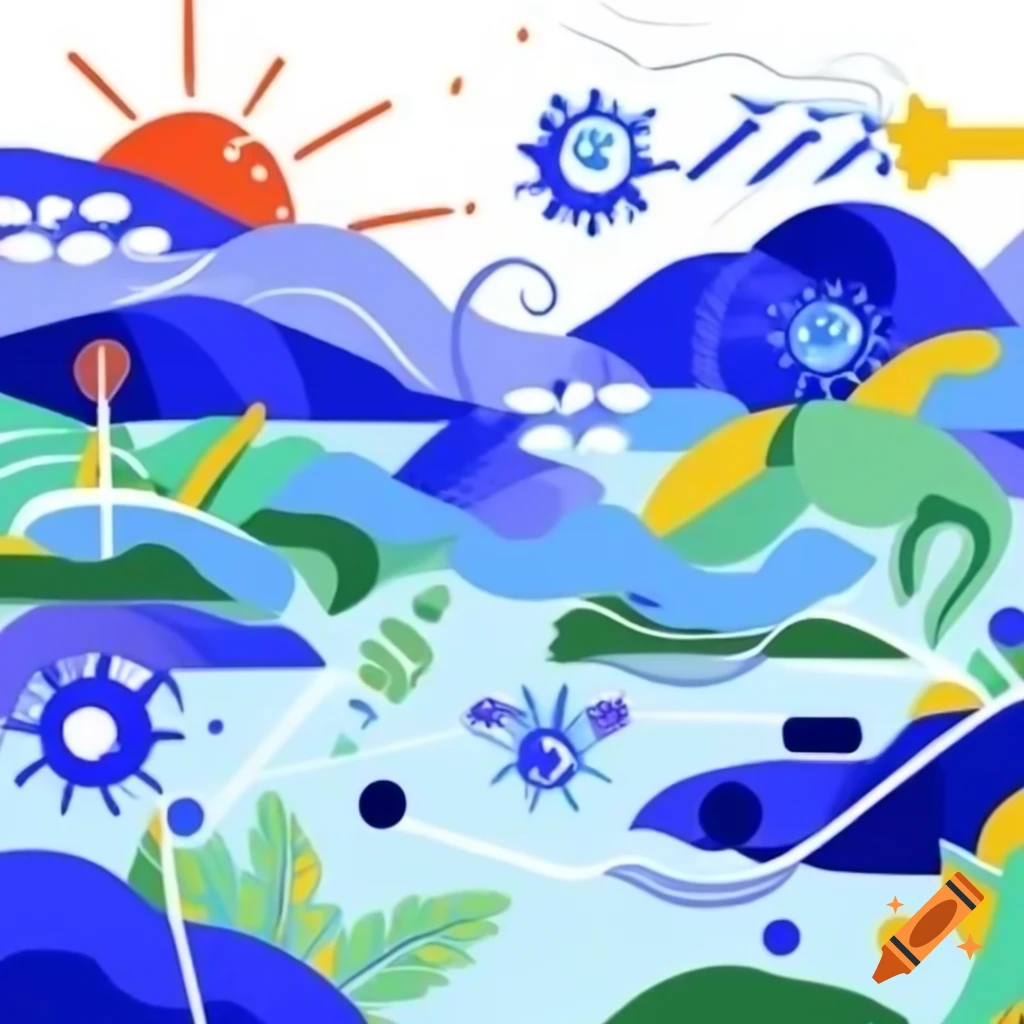 Abstract drawing of tropical land with high temperature, mosquitoes, virus, and vaccine