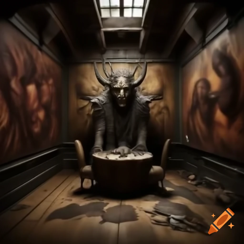 Realistic scary house interior with large room featuring demonic drawings on walls