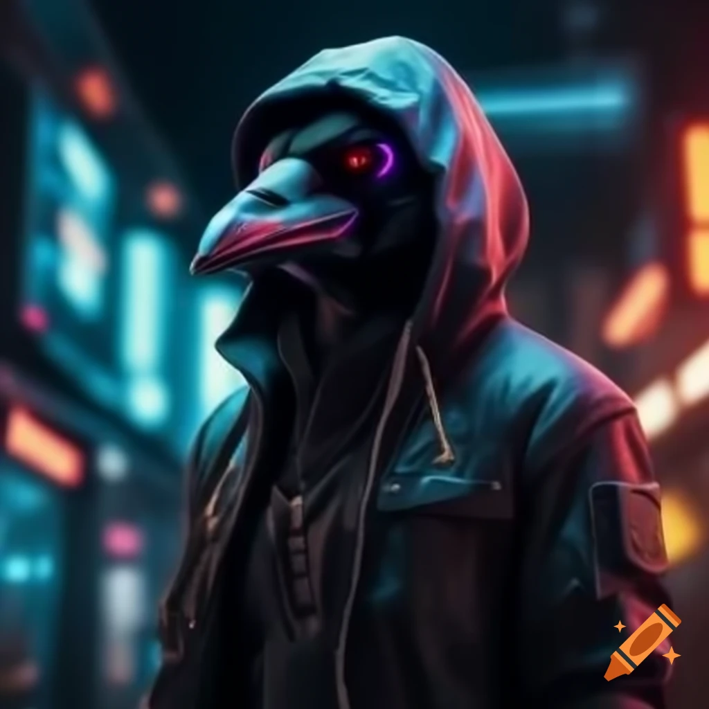 Hooded crow in LED jacket in neon dystopian environment
