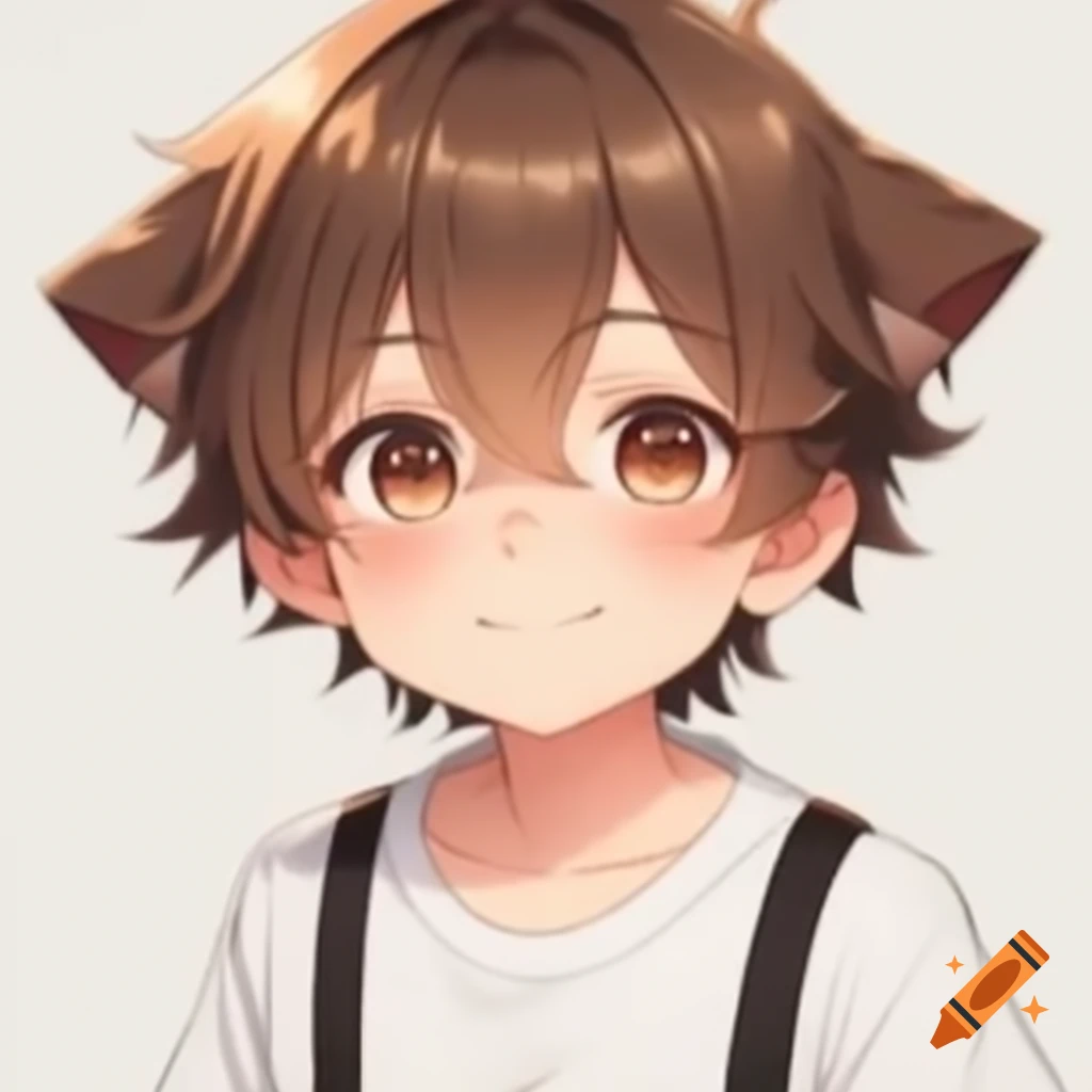 Anime boy with brown hair, dog ears and tail, dressed in white shirt, black shorts, and bowtie