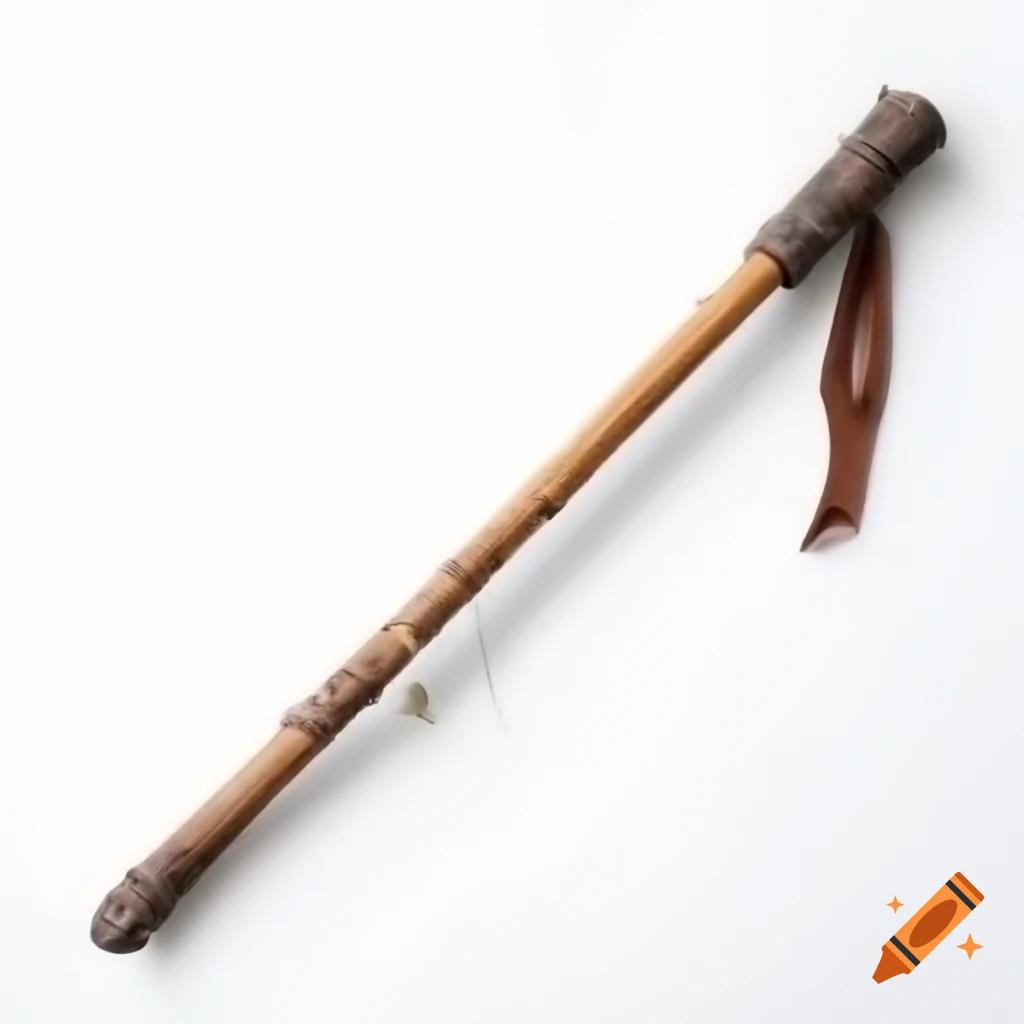 Medieval wooden club with crude branch design on white background