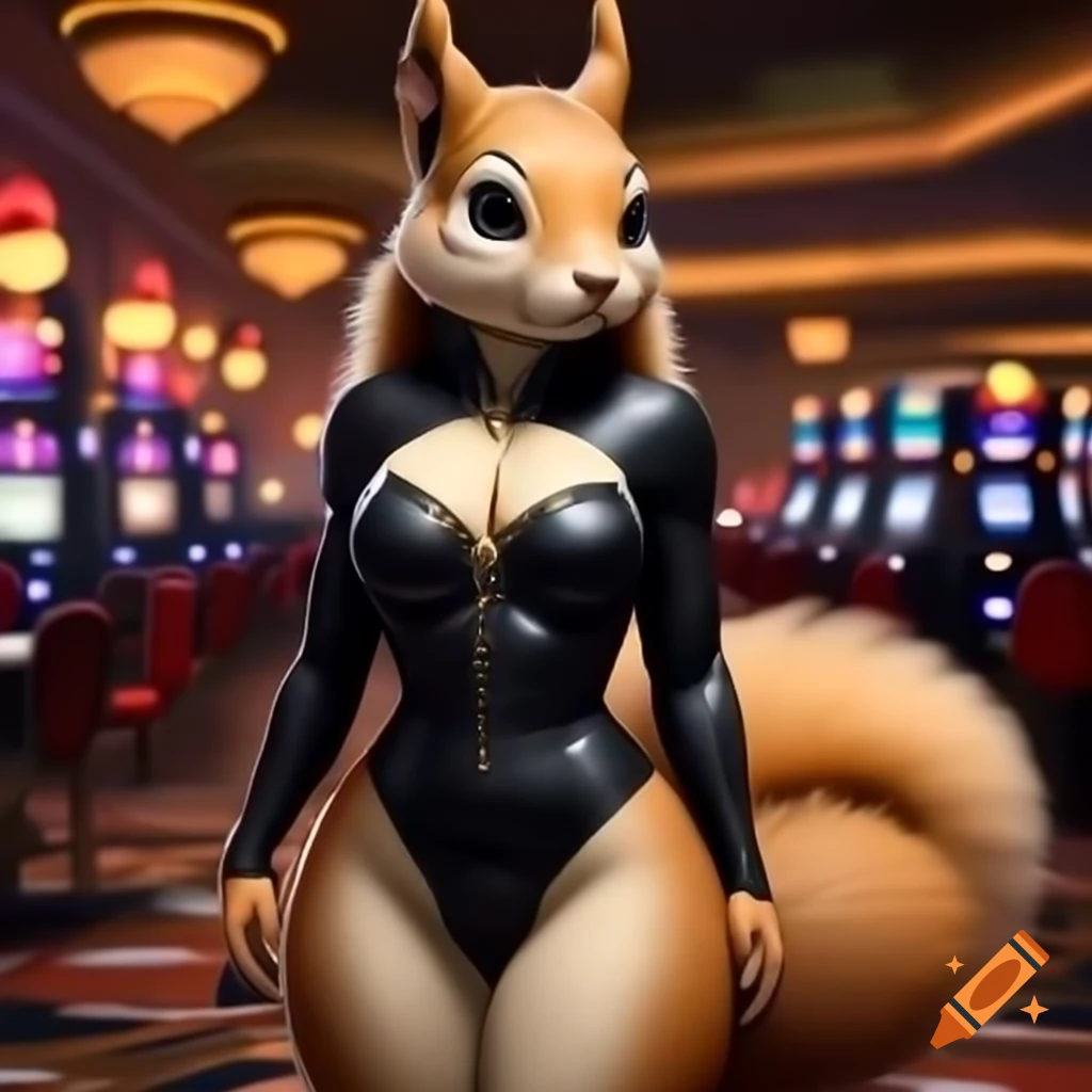 Anthropomorphic light brown squirrel woman in black bodysuit at casino