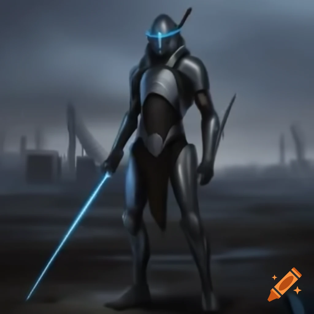 Futuristic knight standing in a wasteland