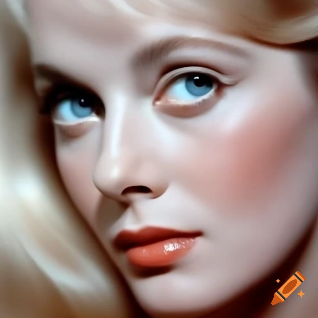 Hyper-realistic portrait of a 1963 European actress with porcelain skin and blue eyes