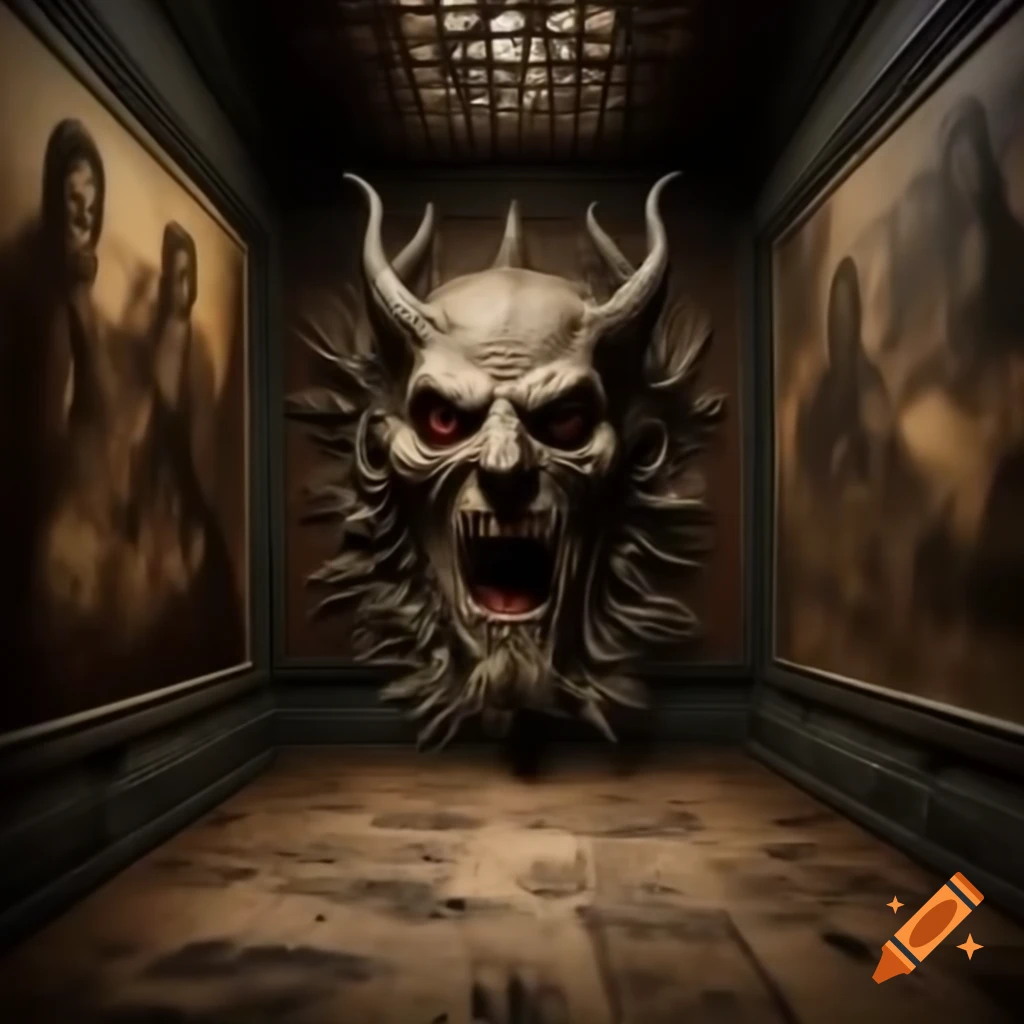 Realistic depiction of a scary house with demonic drawings on the walls