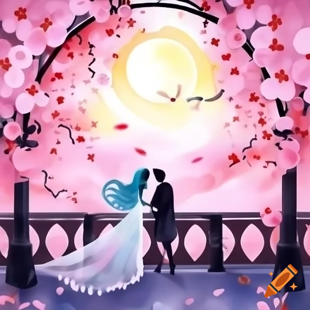 Couple silhouetted on arched bridge under cherry blossom tree with huge moon in watercolor
