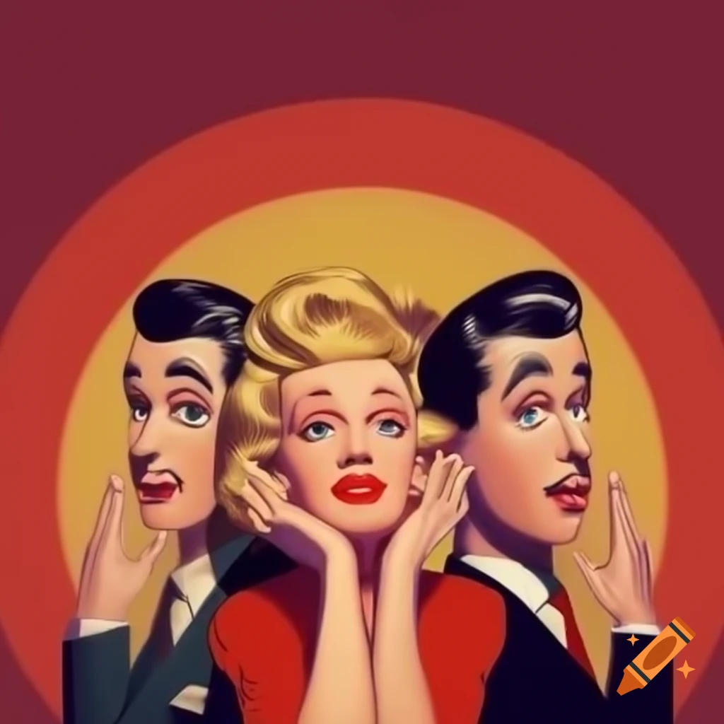 Retro lady and two men on a show stage, cartoon style