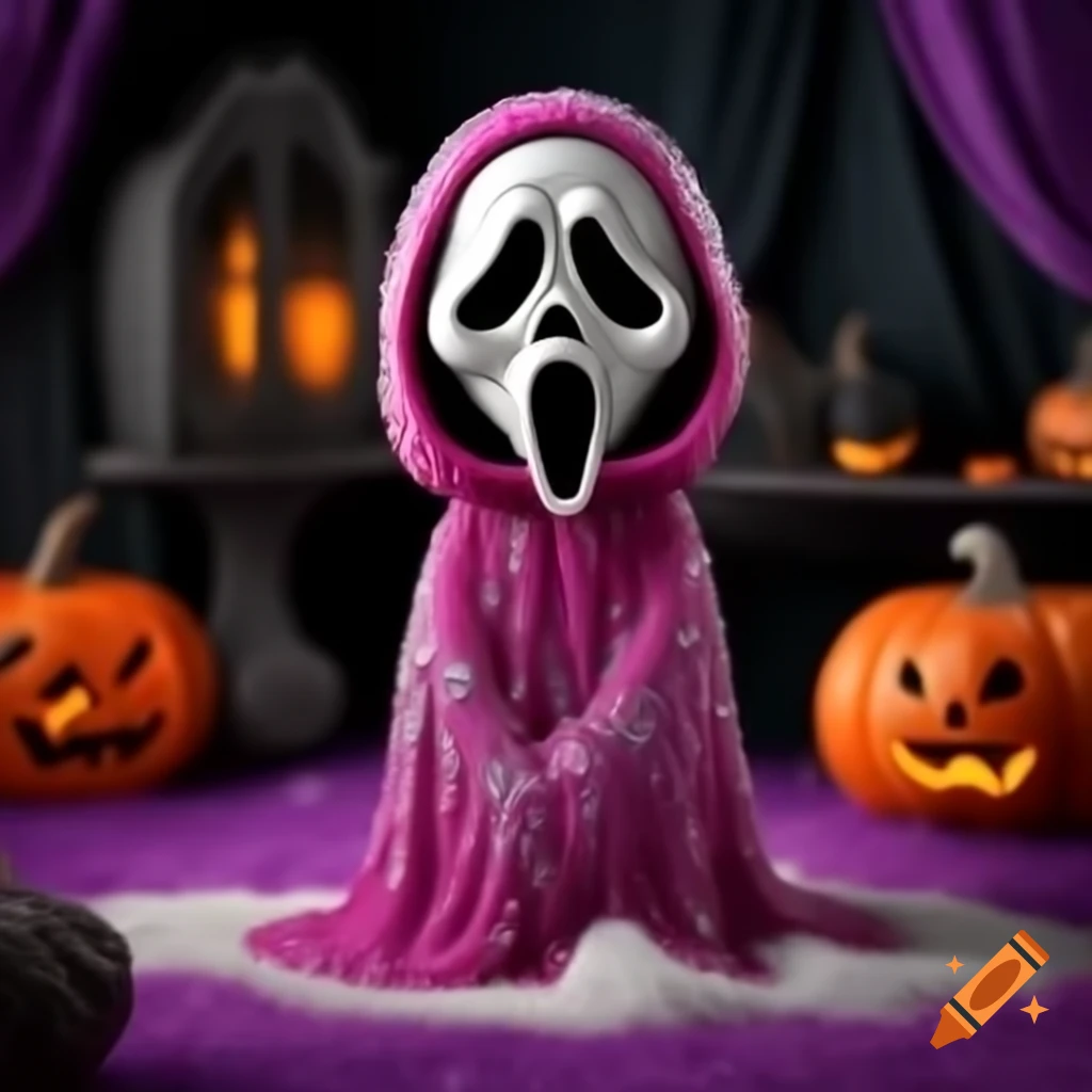Cute Ghostface character in pink and glittery design among Halloween decorations