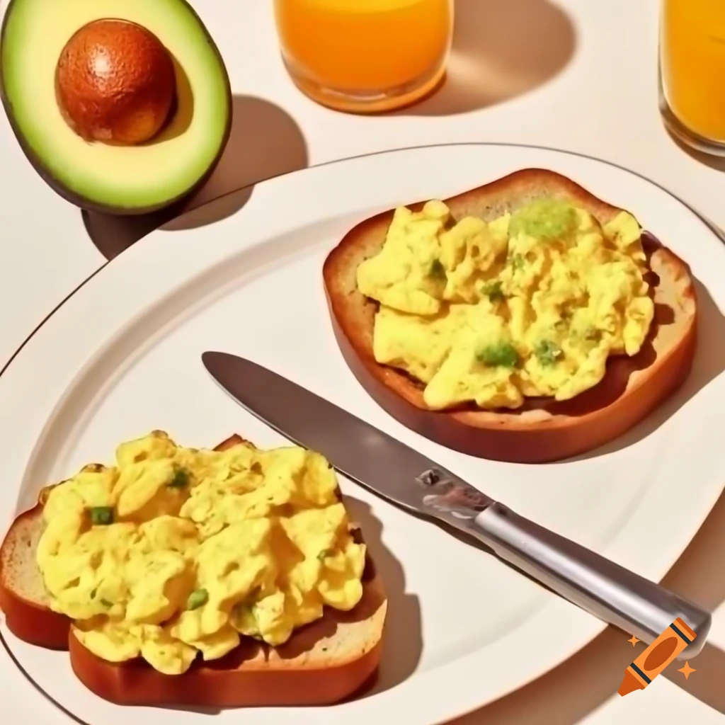 Breakfast plate with scrambled eggs, whole-grain toast, avocado, and orange juice