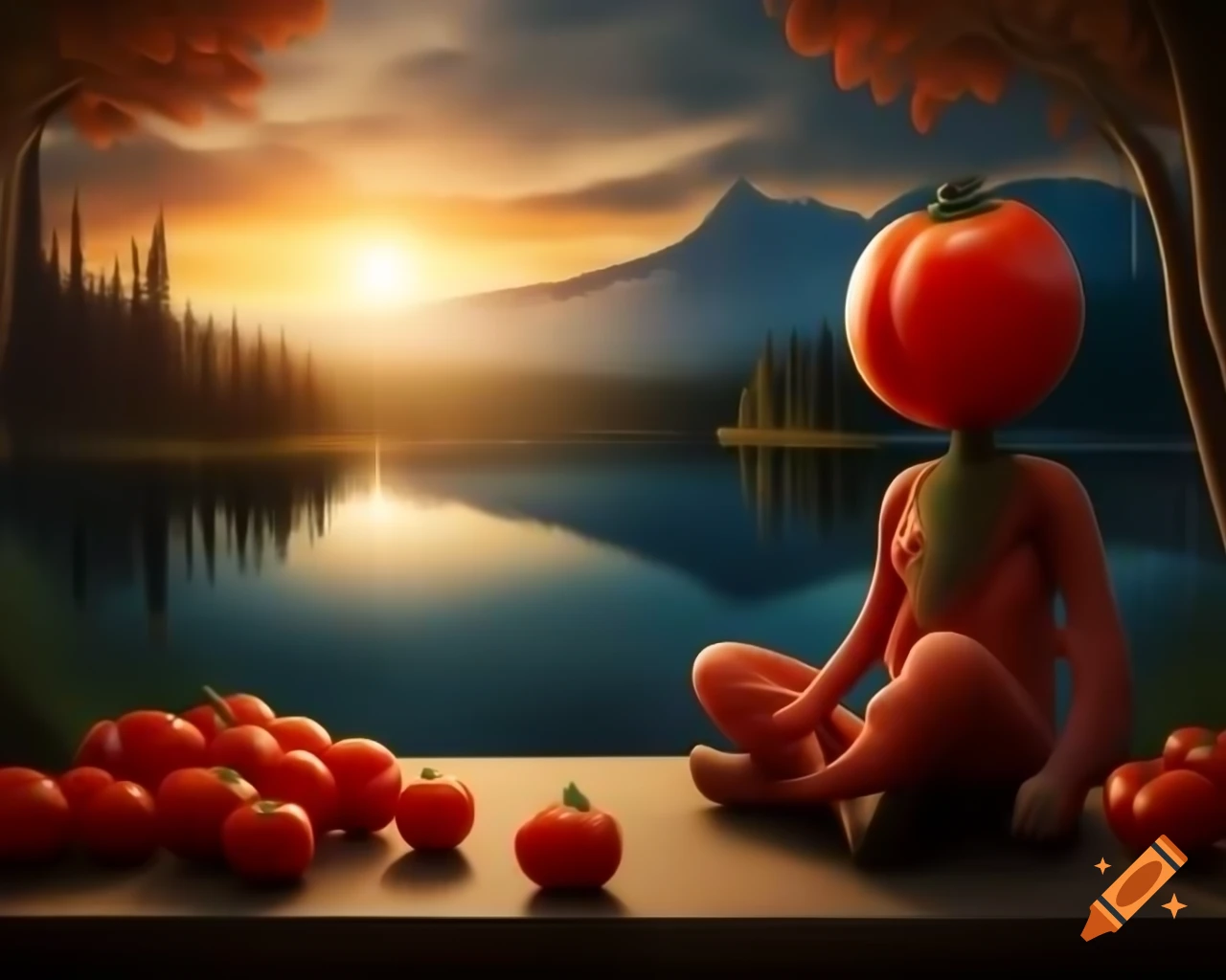 Photorealistic 3D rendering of human face made of tomatoes