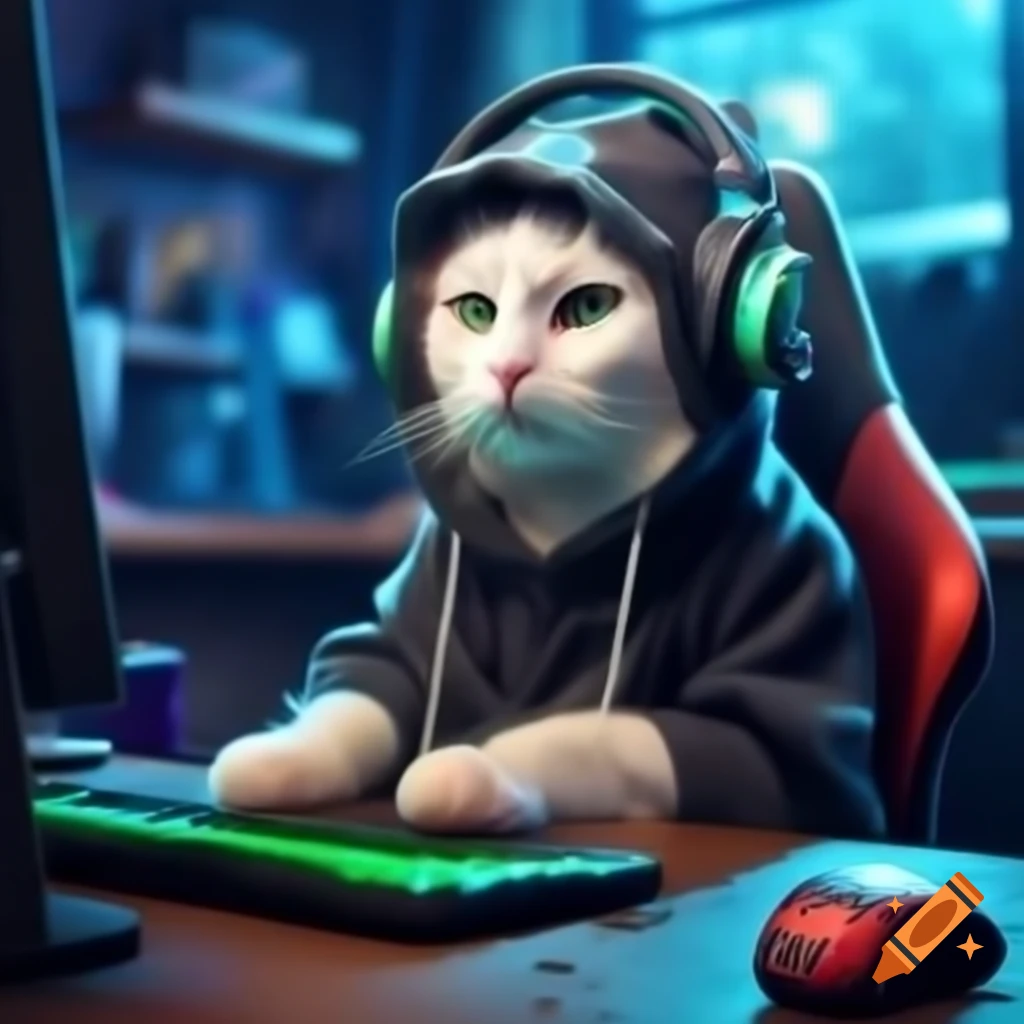Snowy white cat in black hoodie with headphones sitting in gaming chair