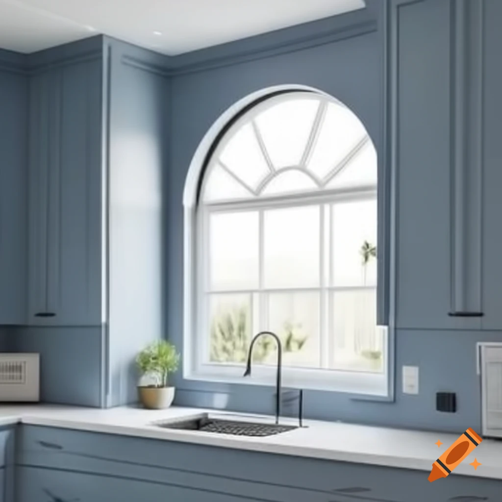 Kitchen with blue cabinets and high ceiling featuring a round window