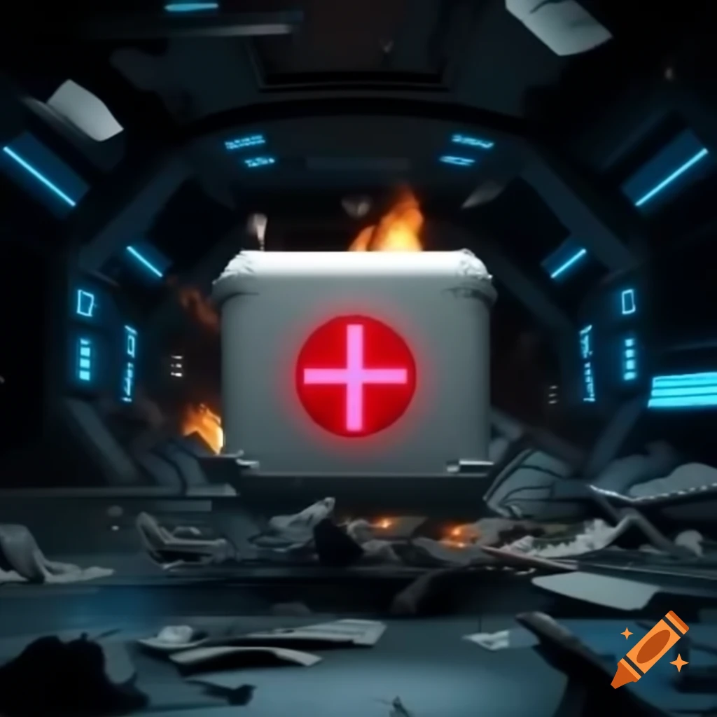 Futuristic spaceship interior with damaged white box featuring neon red plus symbol and sparks
