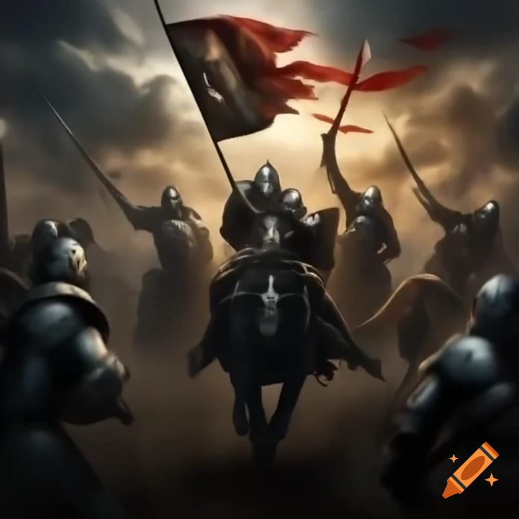 Knights clashing in battle for a prize flag amidst a whirlwind of steel