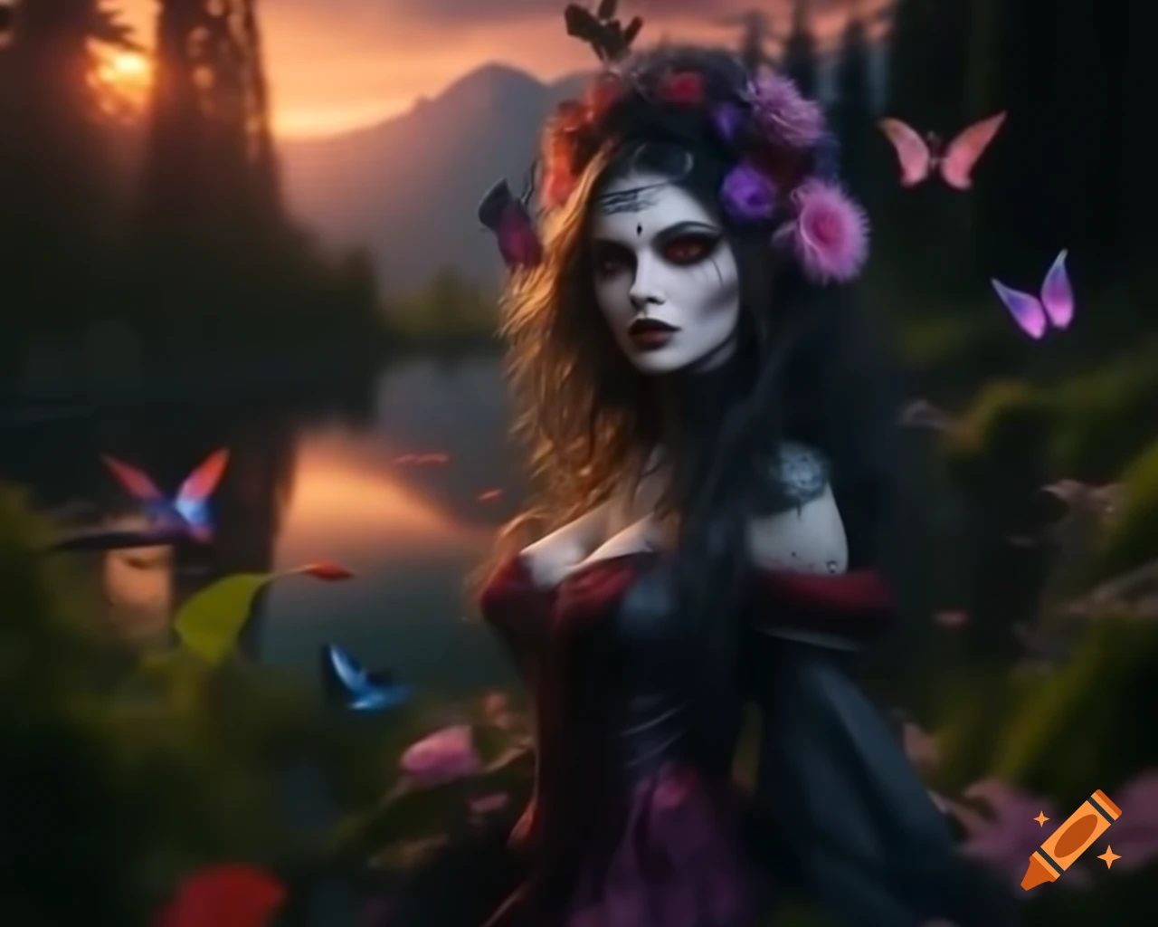 Hyperrealistic Gothic woman with flowers and butterflies in her hair, detailed facial features