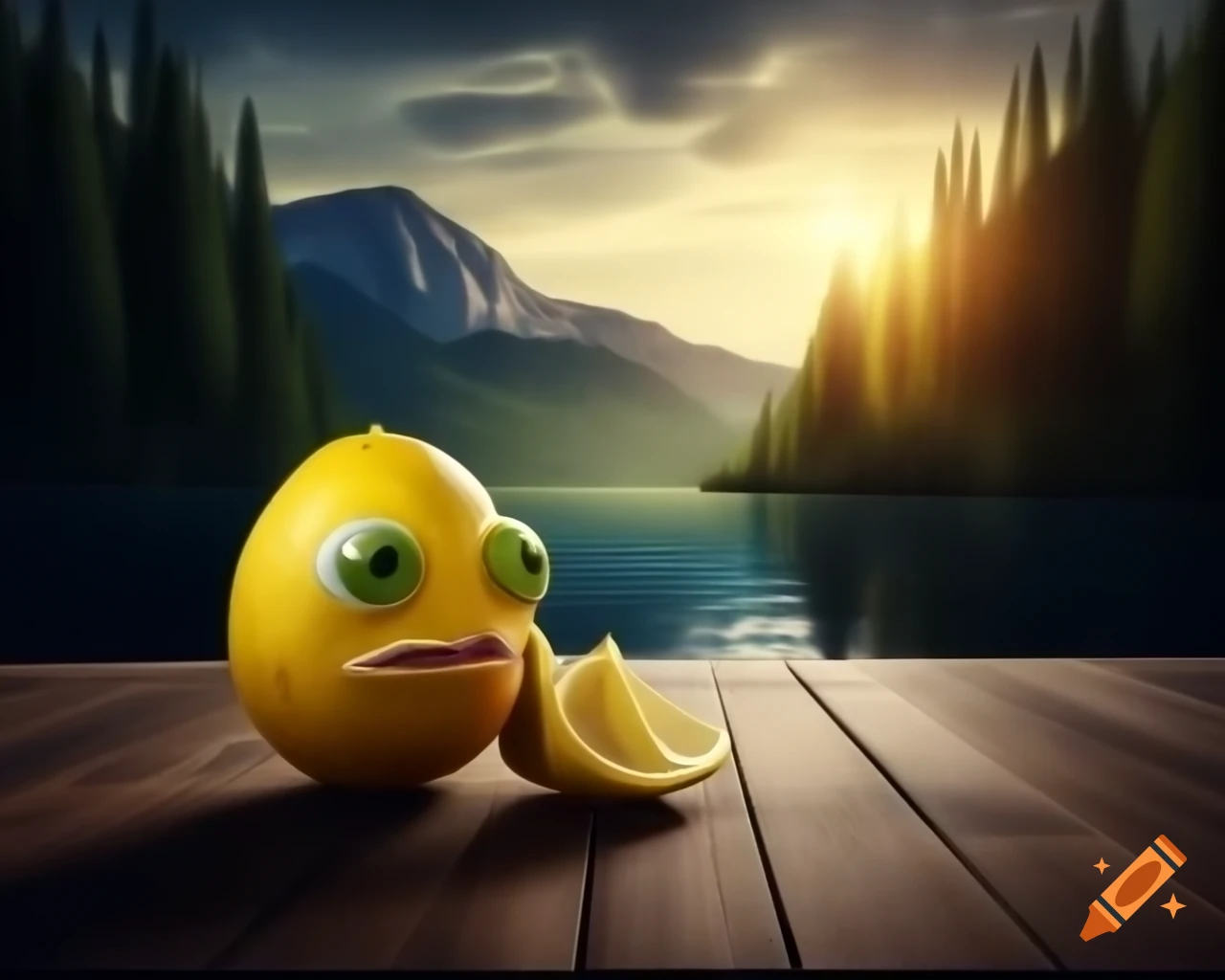 Surreal lemon sculpture with human face in forest setting