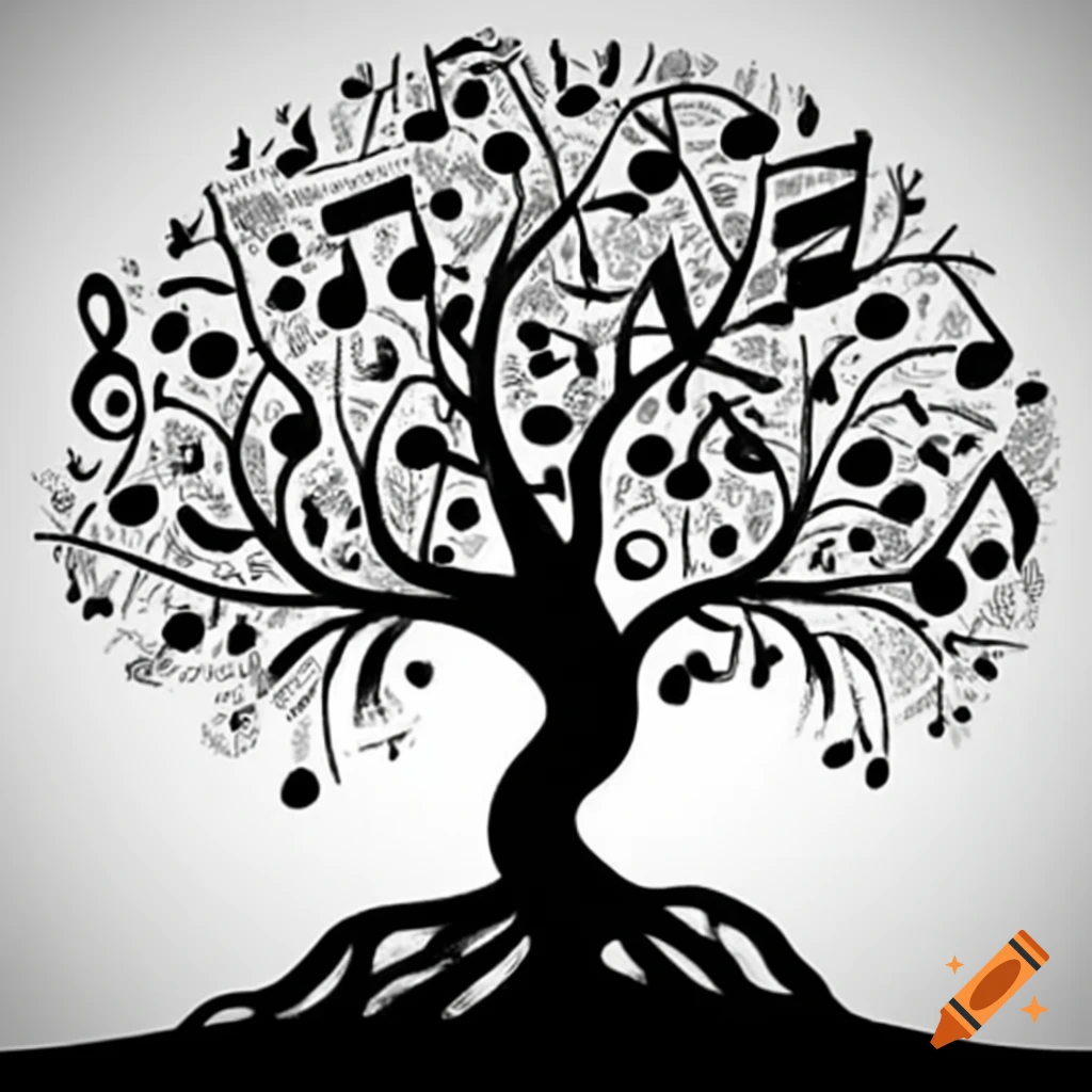 Silhouette of a tree with branches made of musical notes and infinity symbols
