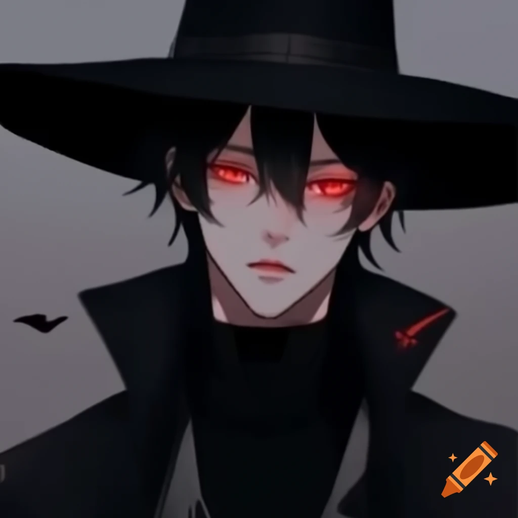 Tall anime character with pale skin and black attire, featuring a cold expression and red glowing eyes