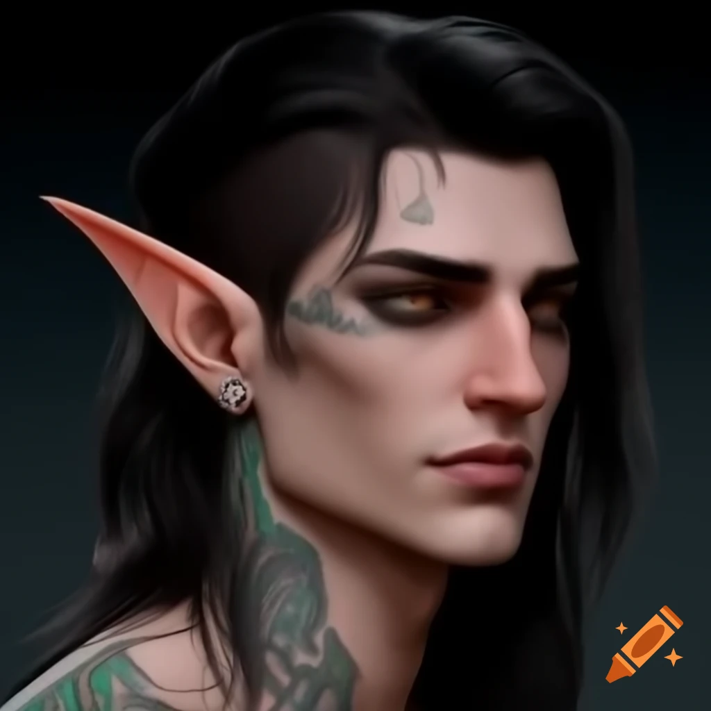 young-man-with-feminine-body-short-black-and-red-hair-dragon-tattoo