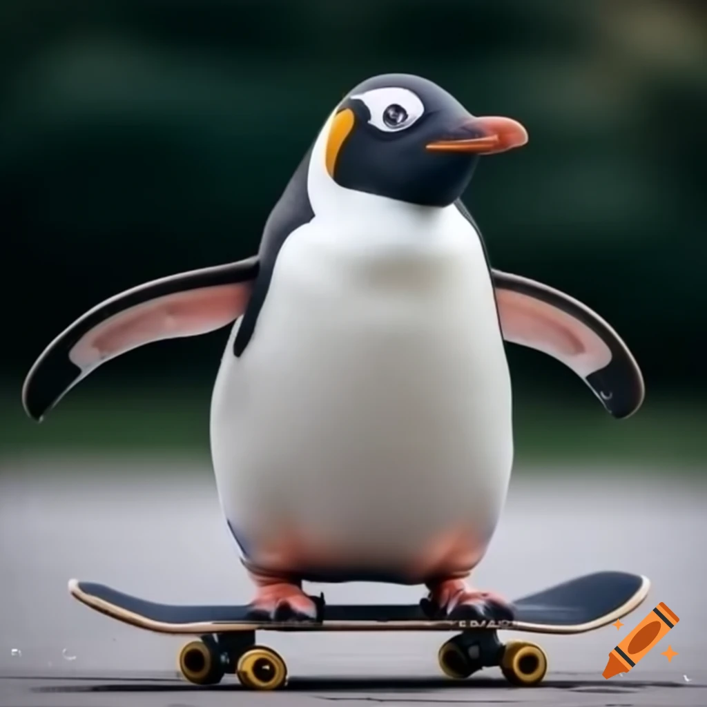 Lifelike penguin on skateboard jumping over a car
