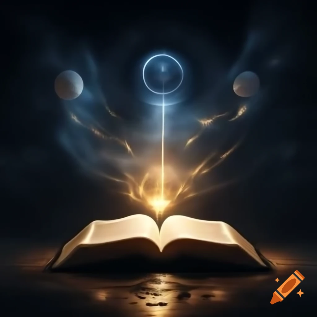 Open Bible with light beam against dark blue background, purple and gold accents