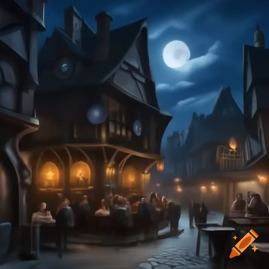 Busy fantasy tavern at night in city with cobbled streets under full moon