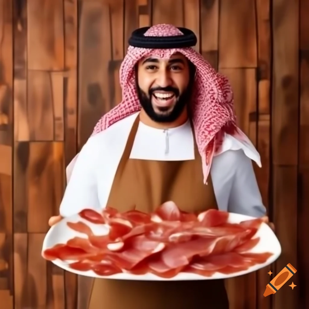 Arab man holding plate of bacon