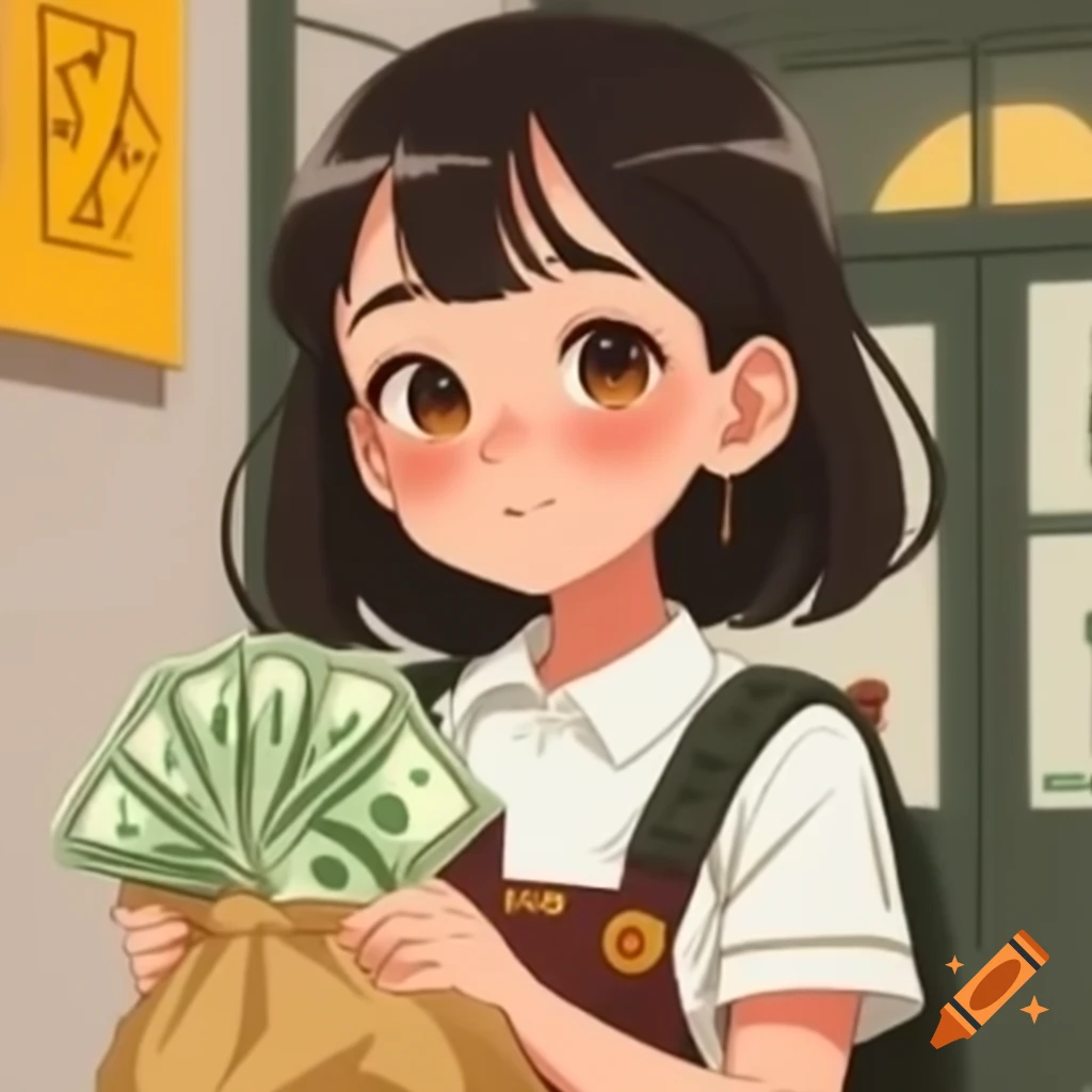 Anime girl holding cash bag