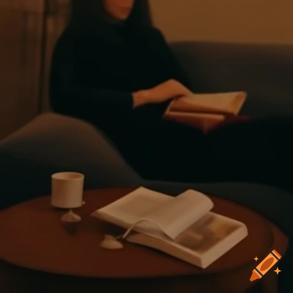 Woman reading a book on sofa with tea cup on coffee table during autumn evening