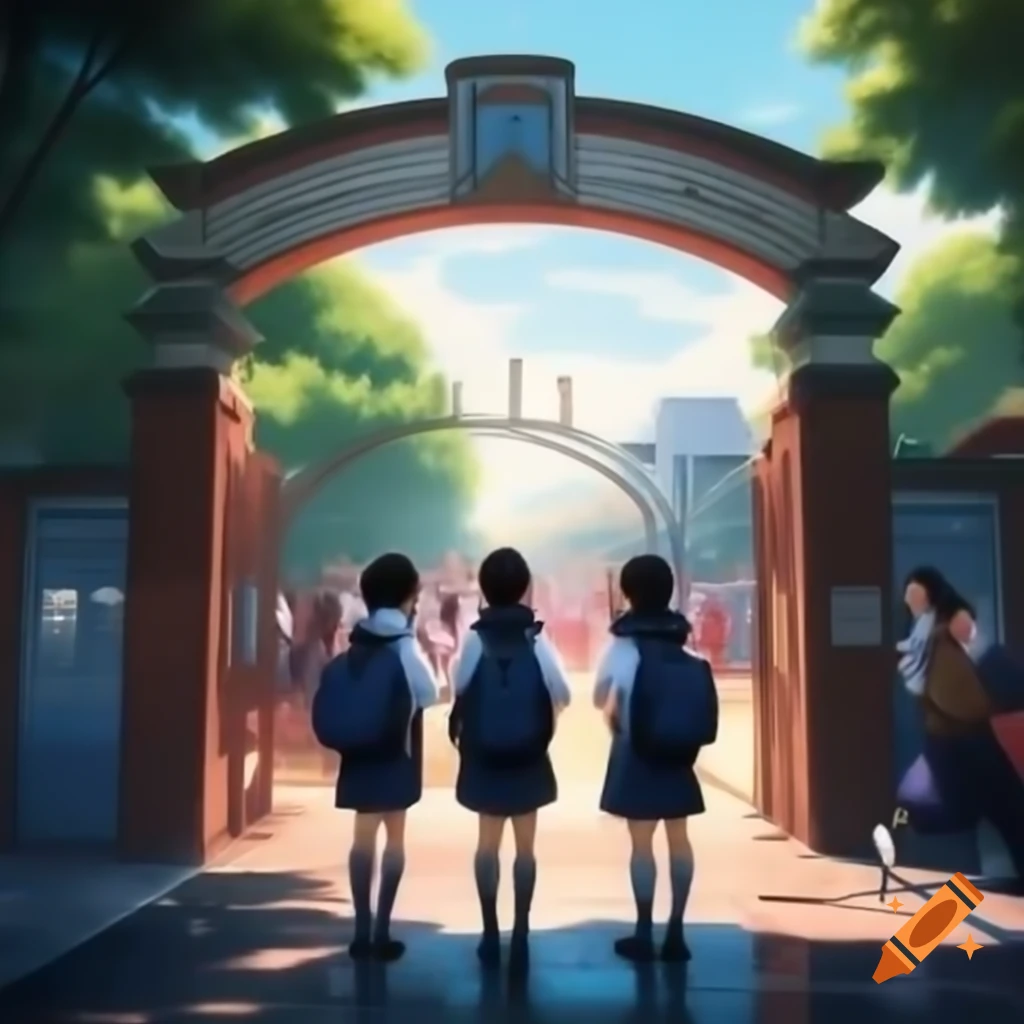 Excited students entering school through welcoming archway