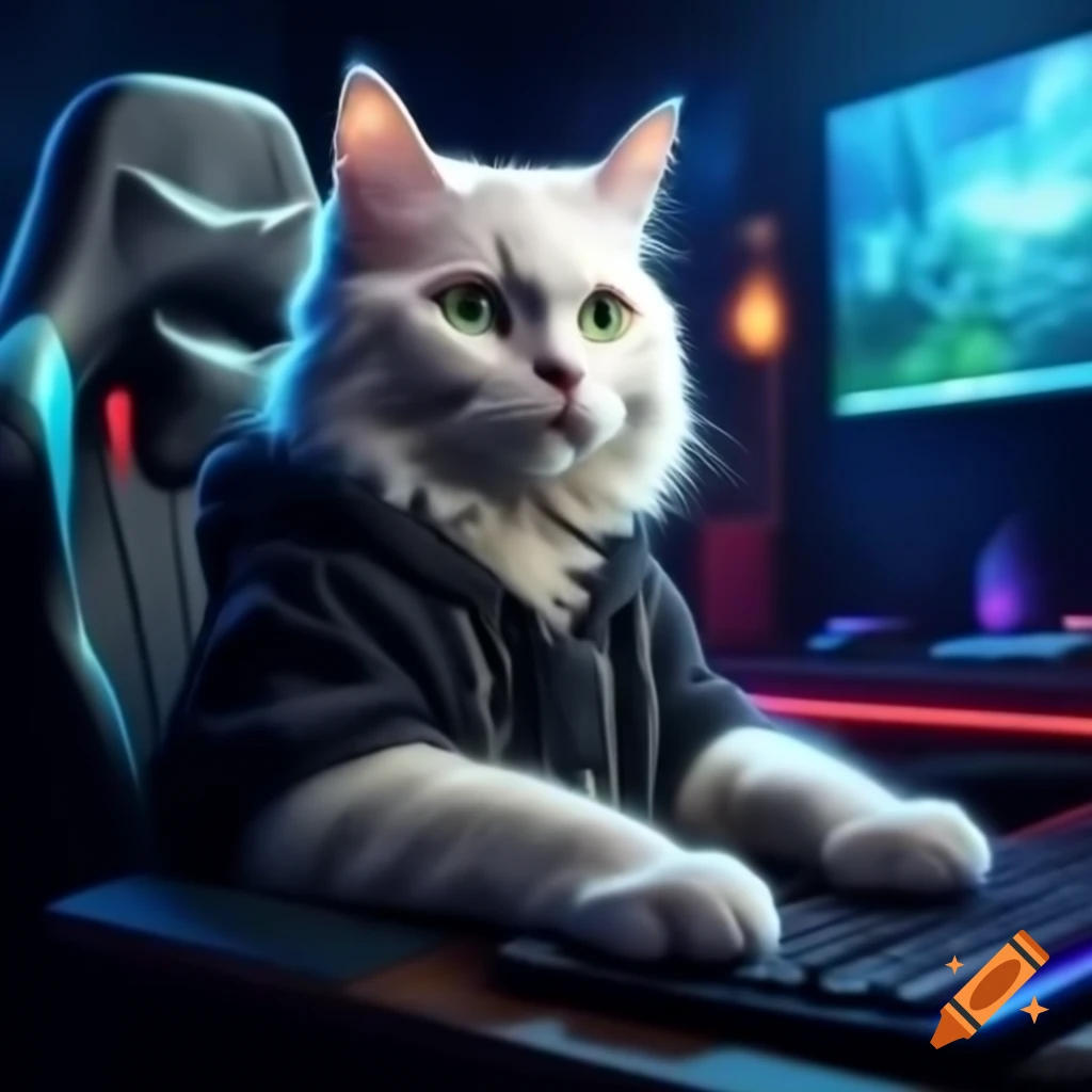 Regal frosty white cat in black hoodie sitting in gaming chair with keyboard and mouse