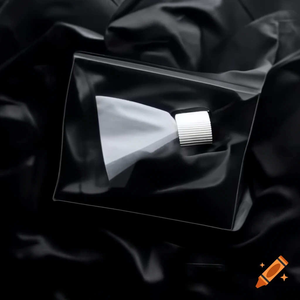 Black bubble mailer with white bottle wrapped in black tissue paper
