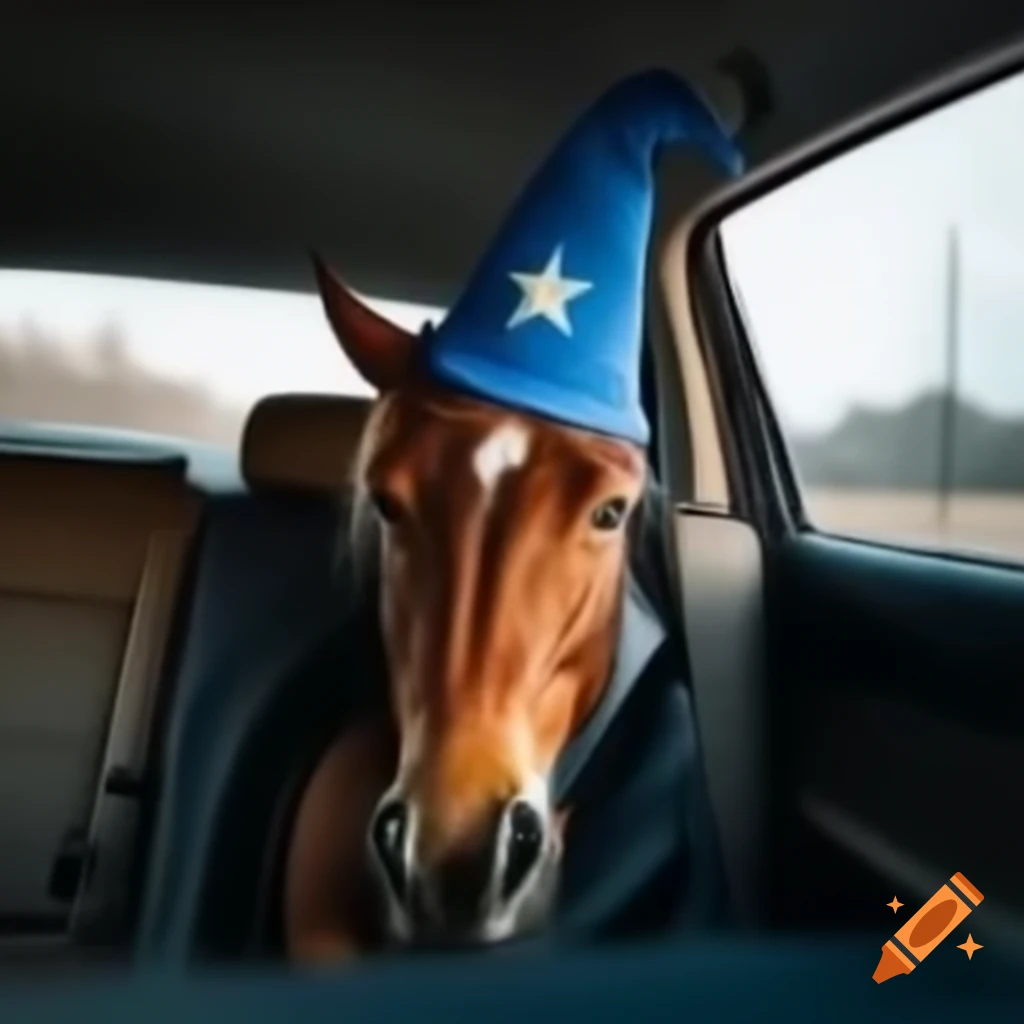Brown horse in blue wizard hat sitting in a car
