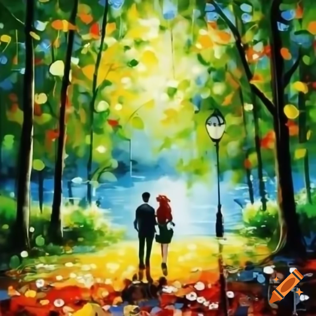 Couple standing by lake in a park, in the style of Leonid Afremov